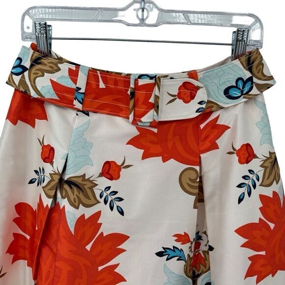 Talbots 100% Silk Floral Retro Skirt Pleated Belted Orange White Size 4 - Picture 3 of 8